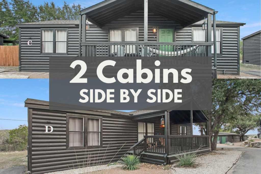 una casa con las palabras camarotes uno al lado del otro en Starlight Horizon 2 Cabins CD - Side-by-Side Group Retreat - Pet-Friendly Texas Hill Country Cabins Near Canyon Lake - Pool, Stargazing, Sleeps 16, en Canyon Lake