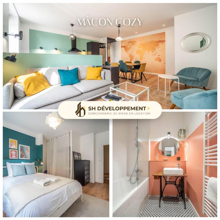 un collage de trois photos d'une chambre dans l'établissement Mâcon Cozy / Appartement central 100m² / 8 pers, à Mâcon