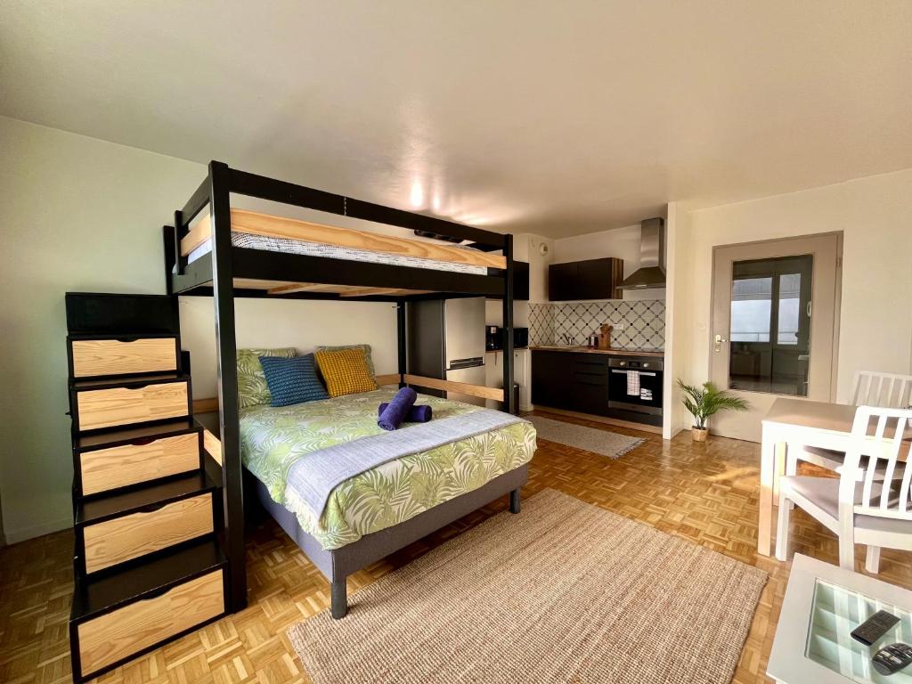 Il comprend une chambre avec des lits superposés et une cuisine. dans l'établissement Logement rénové proche centre-ville Lyon, à Villeurbanne