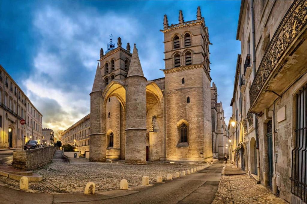 une vieille église avec deux tours dans une rue dans l'établissement Relax dans le Sud, à Montpellier