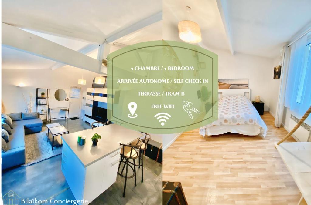 - un salon avec un grand panneau mural dans l'établissement Comfort & WiFi - Talence - 4 pers - tram B, à Talence