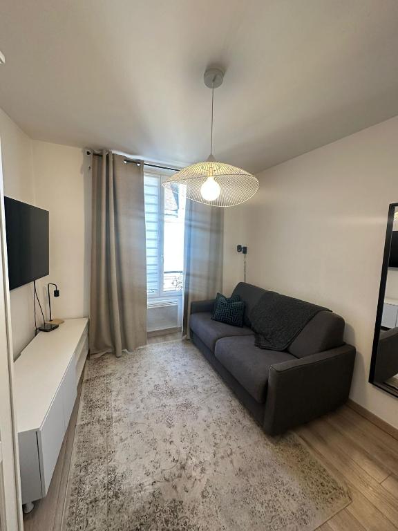 un salon avec un canapé et une télévision dans l'établissement Moderne et lumineux, à Asnières-sur-Seine