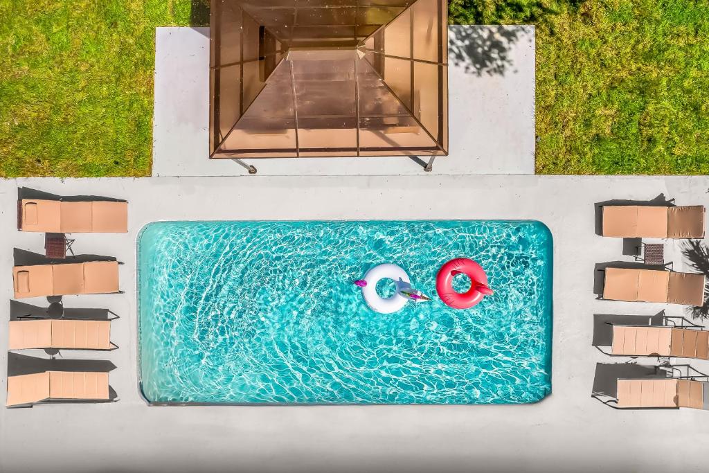 an overhead view of two swans in a swimming pool at 6 Bedrooms, Two Villas, Heated Pool, 2mil to Downtown in Naples