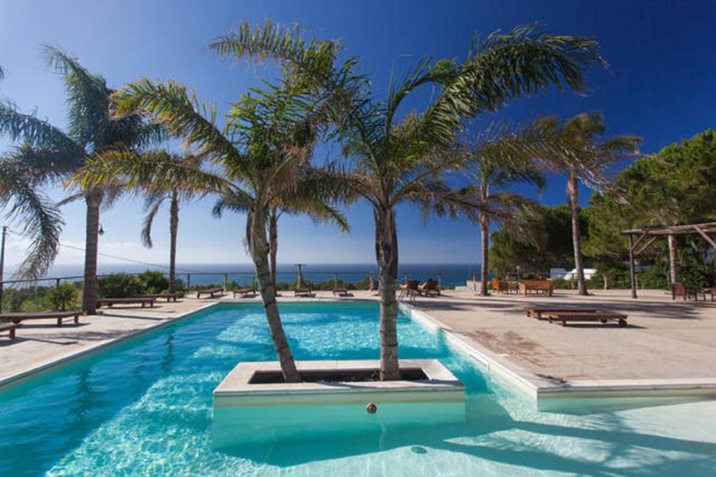 a swimming pool with palm trees in a resort at Petruso Resort in Balestrate