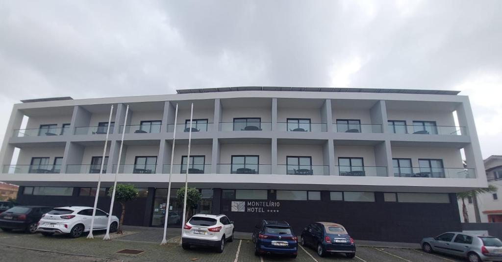 a large building with cars parked in a parking lot at Hotel Monte Lírio in Espinho
