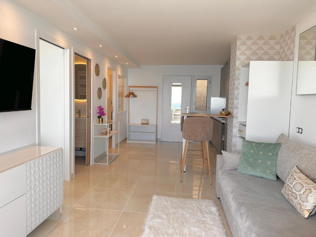 a living room with a couch and a kitchen at SARA RIVIERA Costa Plana in Cap d'Ail