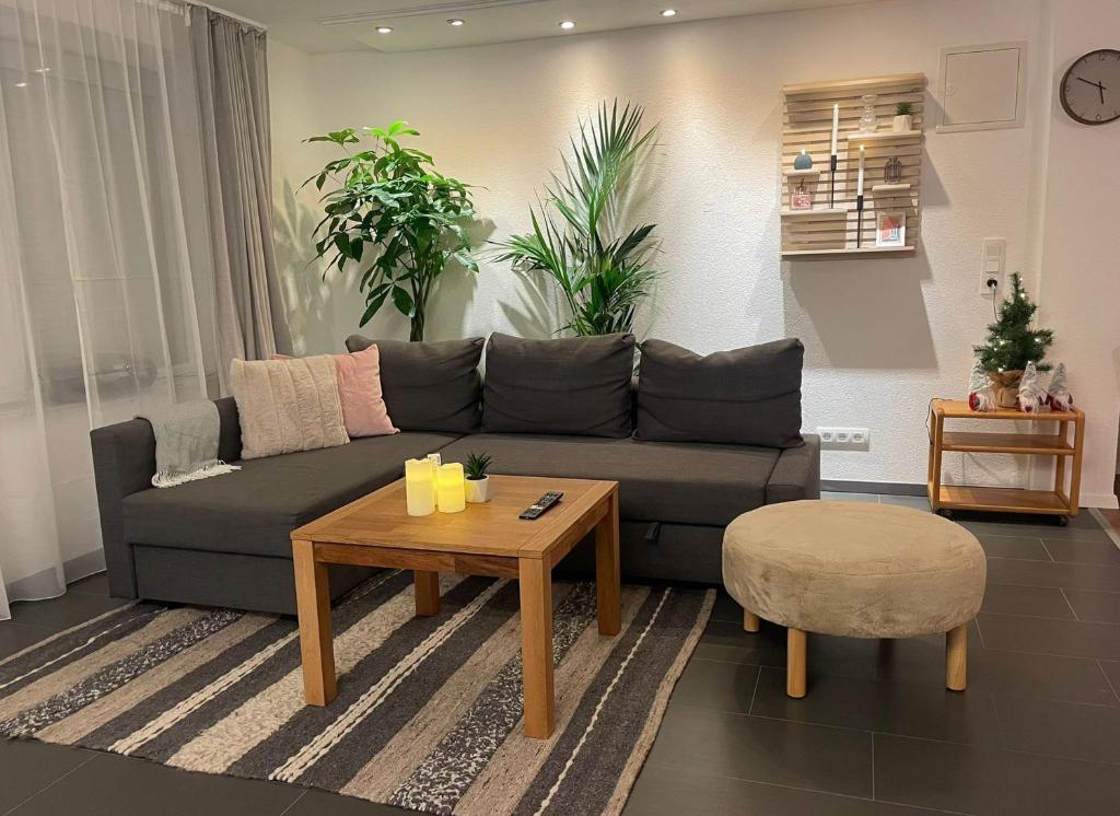 ein Wohnzimmer mit einer Couch und einem Couchtisch in der Unterkunft Große schöne Ferienwohnung mit kleinem Garten im Weinort Randersacker in Randersacker