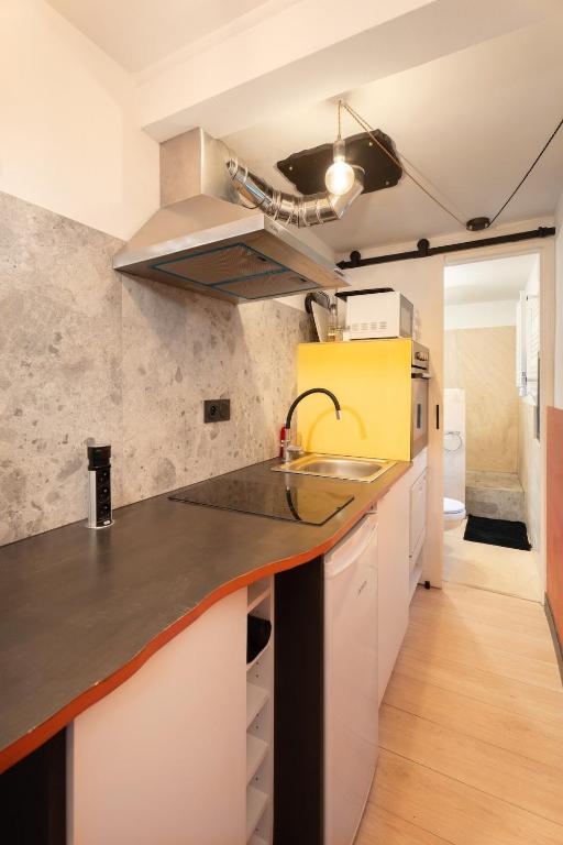 une cuisine avec un évier et un plan de travail dans l'établissement L'Orangerie Aixoise, à Aix-en-Provence