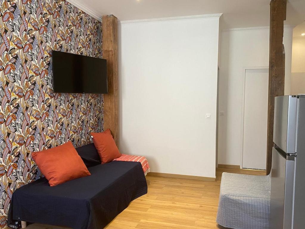 a living room with a couch and a tv on a wall at 2 Pièces Joinville- le- Pont in Joinville-le-Pont