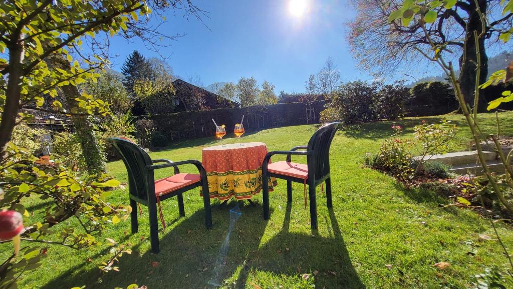 due sedie sedute attorno a un tavolo in un giardino di Grosse Wohnung mit Garten und Bergblick a Rottach-Egern