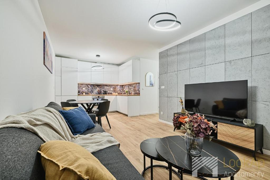 a living room with a couch and a tv at Diasfera Premium by LookAp in Łódź