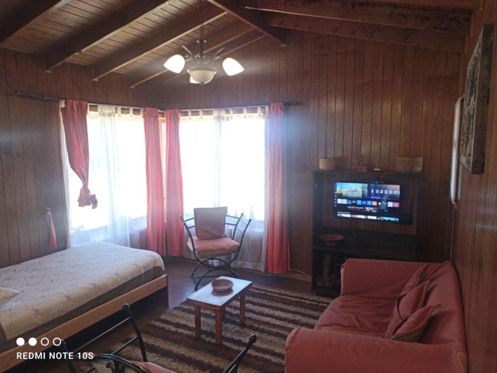 a bedroom with a bed and a couch and a tv at Cabaña Familiar Mirador De La Chacra 1-7 personas in Castro