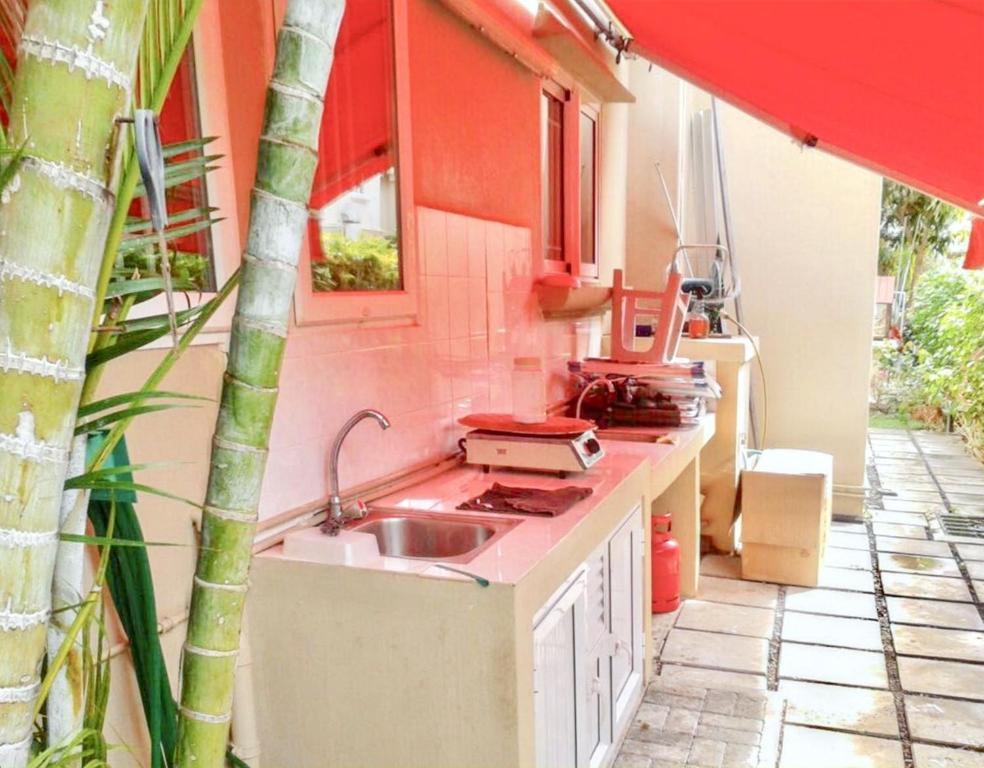 una cocina con fregadero y encimera en Spacious House in Flic en Flac with Shared Pool, en Flic en Flac