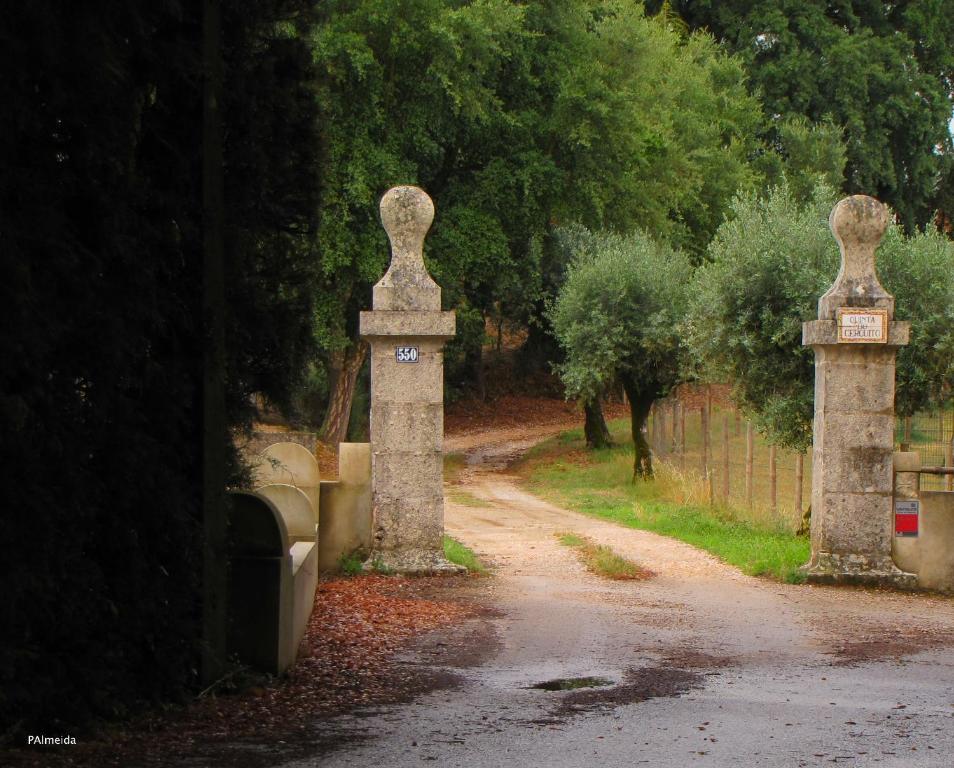 two stone barriers on a dirt road with trees at Quinta do Cerquito in Ferreira do Zêzere