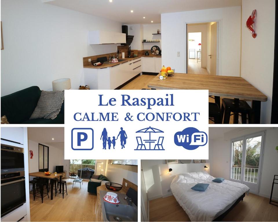 un collage de photos d'une cuisine et d'un salon dans l'établissement Le Raspail By Tranquil at Home, Parking - Plage, à La Baule
