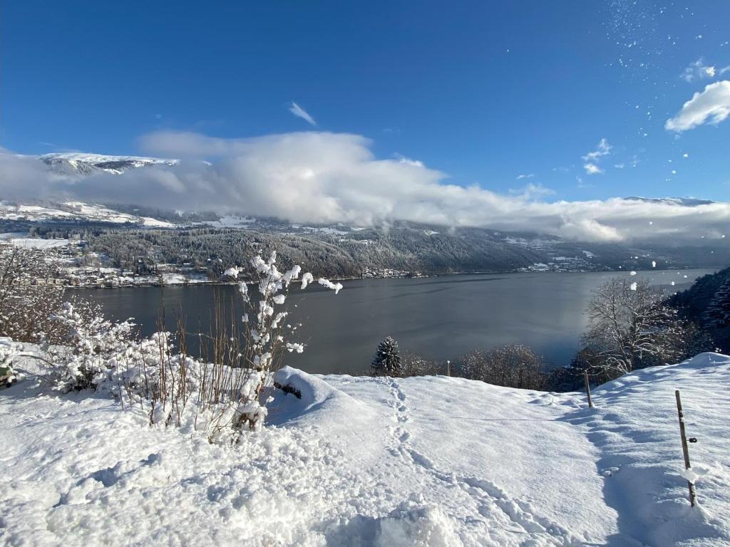 a snow covered hill with a view of a lake at Familienchalets am Millstätter See in Rothenthurn