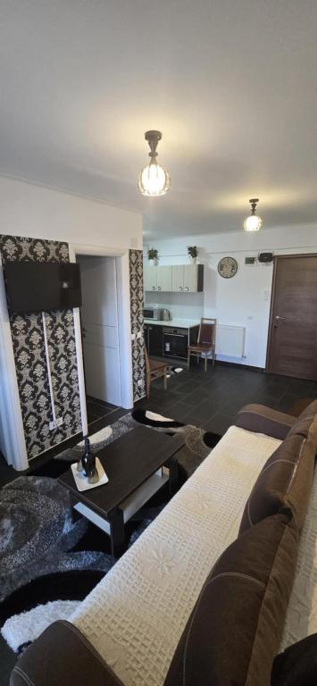 a living room with a couch and a table at Paula in Curtea de Argeş