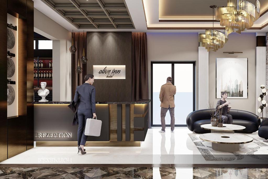 a rendering of a woman standing in a lobby at Olive INN Berlin in Berlin