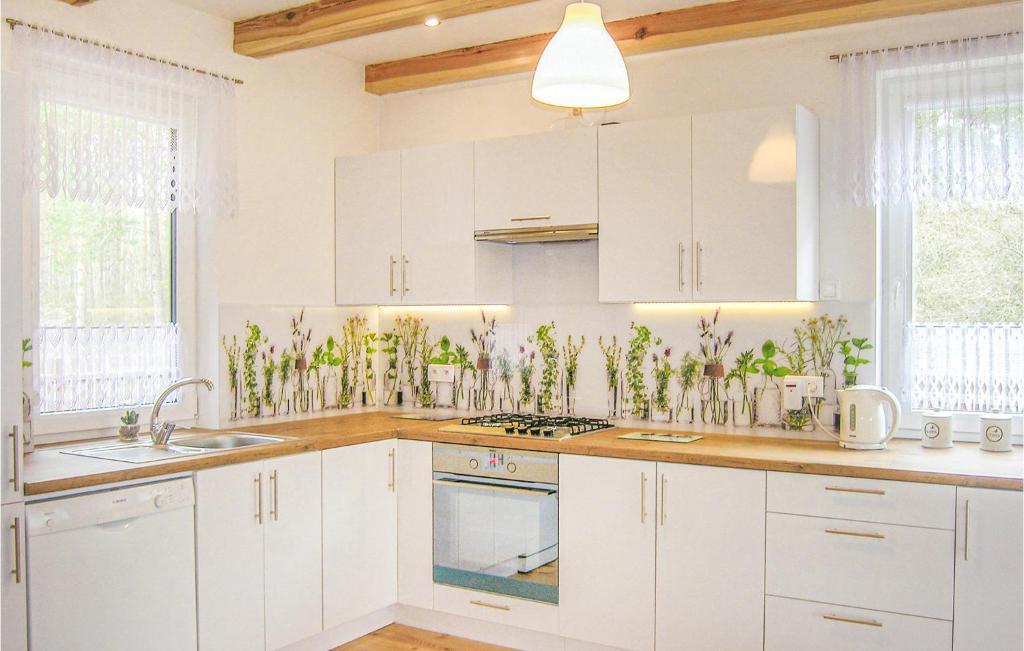 Biała kuchnia z białymi szafkami i oknami w obiekcie 4 Bedroom Amazing Home In Ruciane-Nida w mieście Karwica