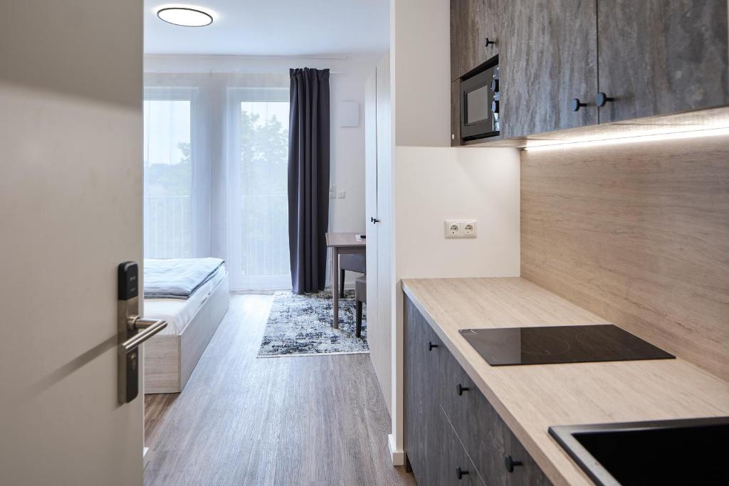 Kuchyň nebo kuchyňský kout v ubytování Bader Aparthotel
