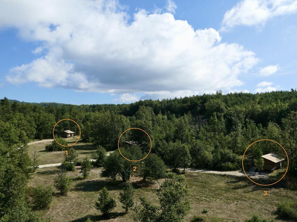 an overhead view of a field with trees in the background at La Grisonne - Chalet 3 in Revest-du-Bion