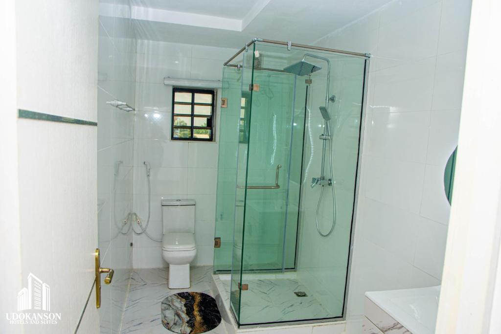 a bathroom with a glass shower with a toilet at Udokanson Hotel And Suites in Agbor