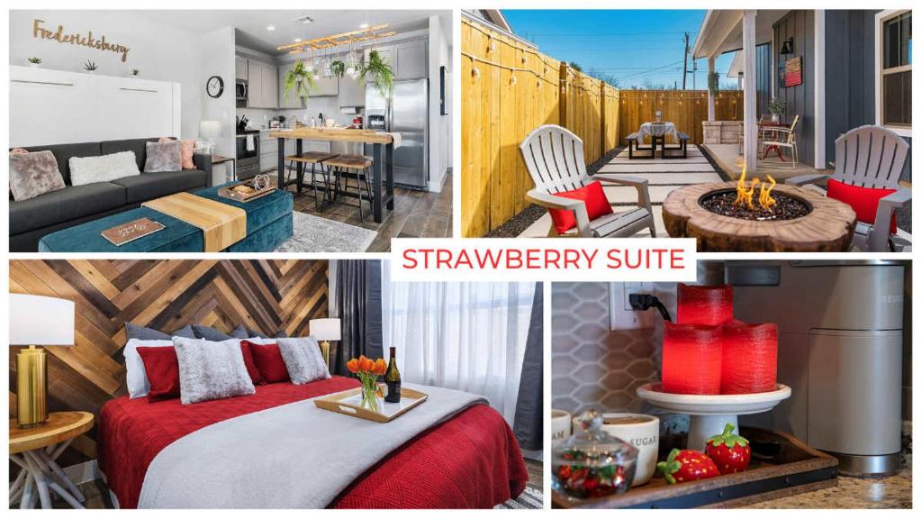 a collage of three pictures of a bedroom and a apartment at Strawberry Suite - Fire Pit BBQ Grill & more in Fredericksburg