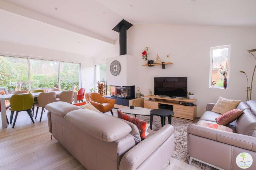 un salon avec deux canapés et une télévision dans l'établissement Biscarrosse Plage Maison de charme proche des plages océanes classé 1, à Biscarrosse