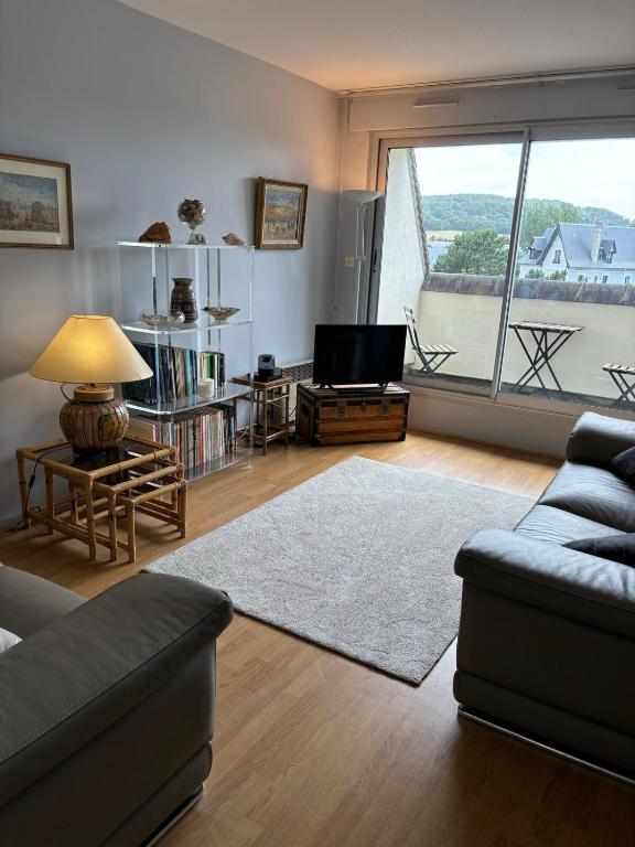 un salon avec un canapé et une télévision dans l'établissement Tourgeville residence de standing, à Tourgéville