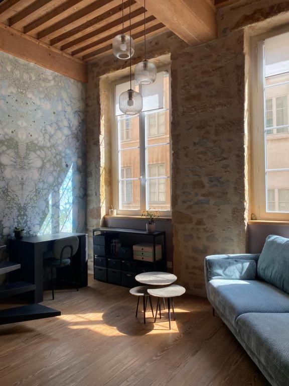 un salon avec un canapé et une table dans l'établissement Appartement de canut, à Lyon