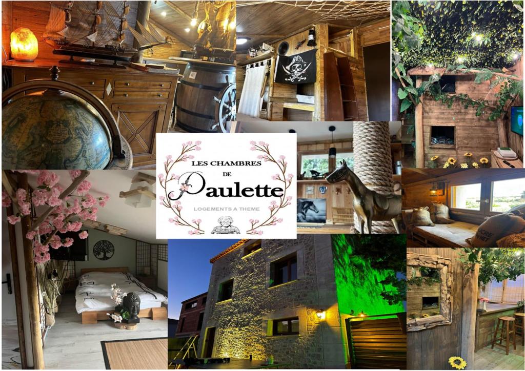 a collage of photos of a hotel with a room at Les Chambres de Paulette à Theme LA JUNGLE ROOM in Sainte-Marie-la-Mer