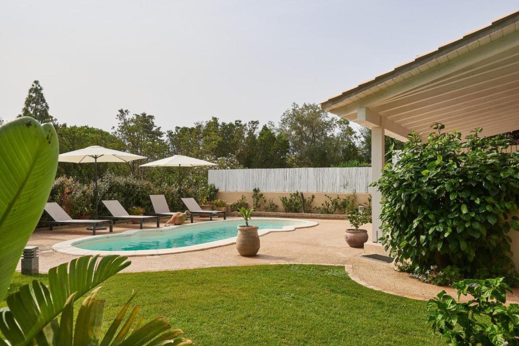 a backyard with a swimming pool with chairs and umbrellas at Villa Corallo in Costa Rei