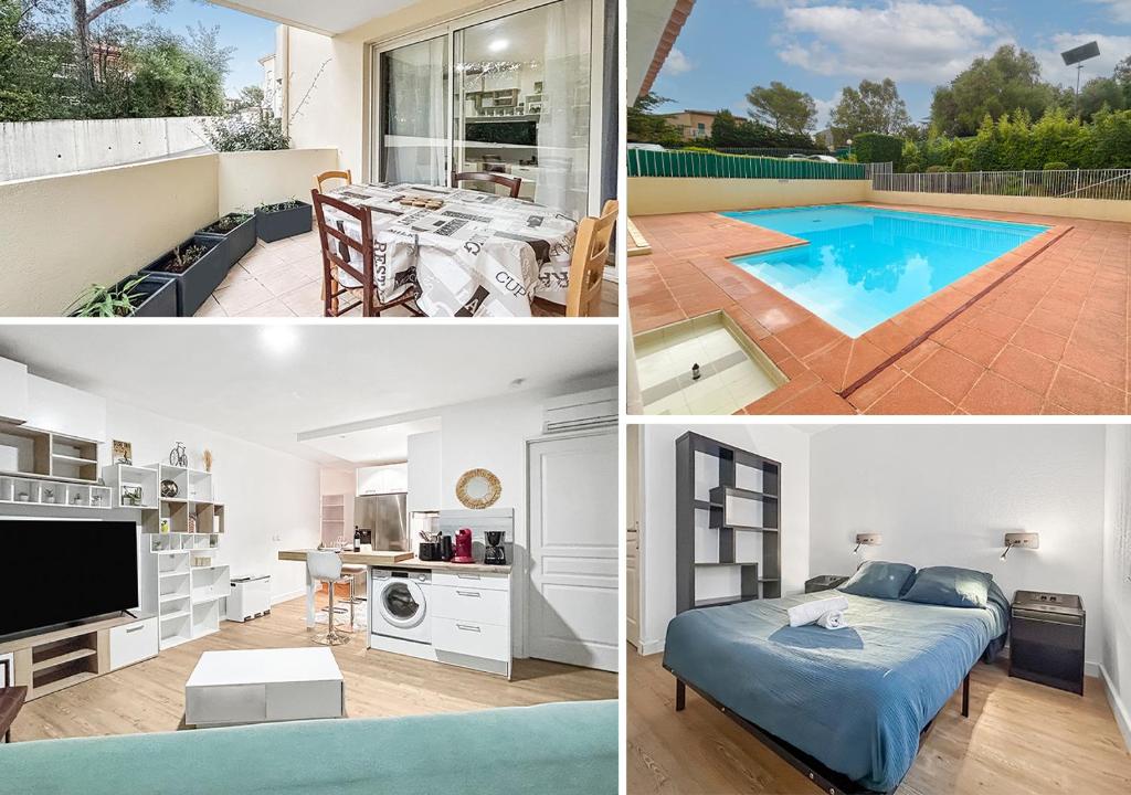 un collage de photos d'une maison avec une piscine dans l'établissement Balcon, parking, piscine et clim' à 2 pas du port Santa Lucia, à Saint-Raphaël
