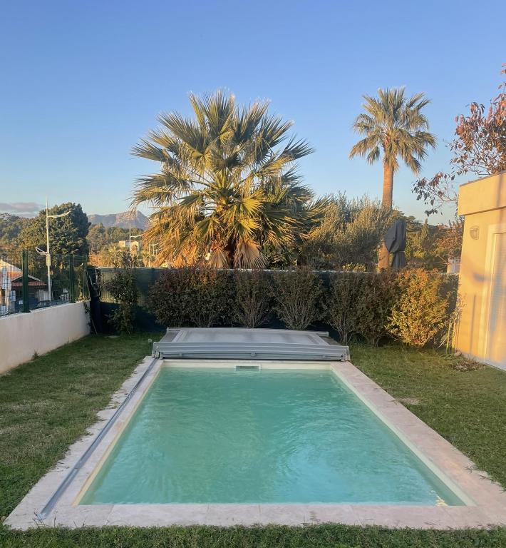 - une petite piscine dans une cour avec des palmiers dans l'établissement villa récente 100m2, a 50mplage piscine privée clim parking, au Pradet