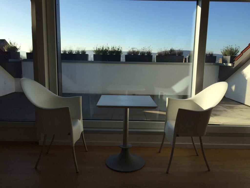 2 Stühle und ein Tisch vor einem Fenster in der Unterkunft Detmolder Loft in Detmold