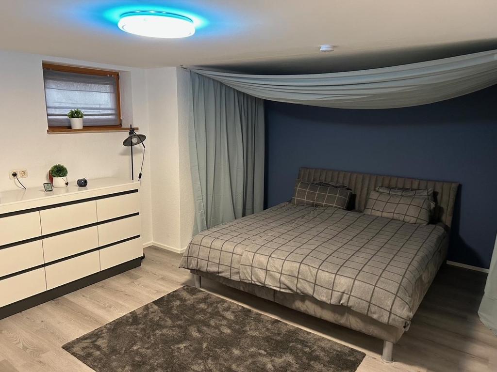a bedroom with a bed and a blue wall at Ferienwohnung Schieferglück in Gründau