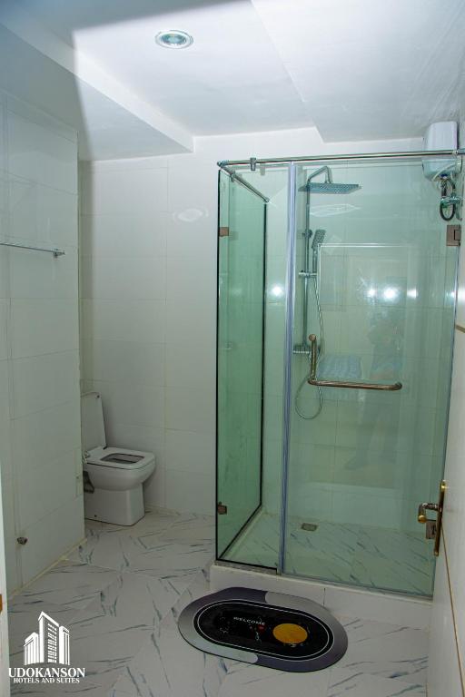 a bathroom with a glass shower and a toilet at Udokanson Hotel And Suites in Agbor