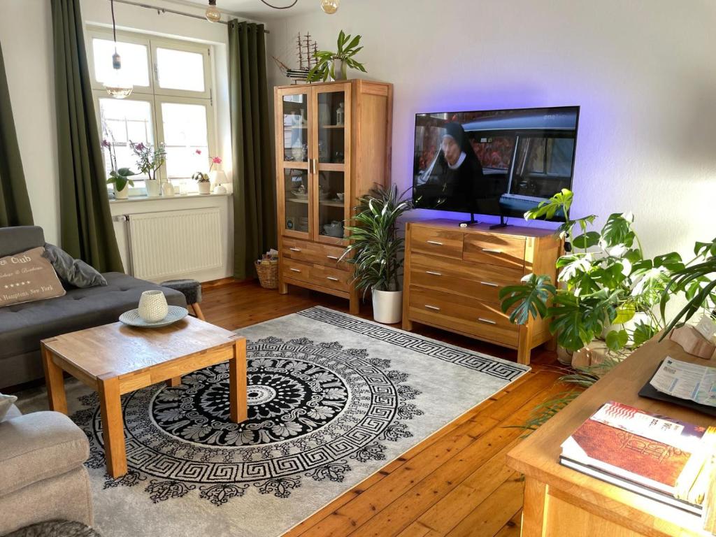 a living room with a couch and a flat screen tv at Altstadt Ferienwohnung in Brandenburg an der Havel