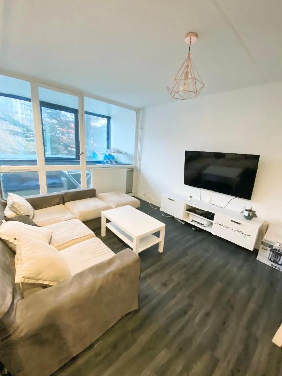 un salon avec un canapé et une télévision à écran plat dans l'établissement Chambre PRIVÉE dans appartement PARTAGÉ - Cenon - Tram A - WIFI - Ref ME1, à Cenon