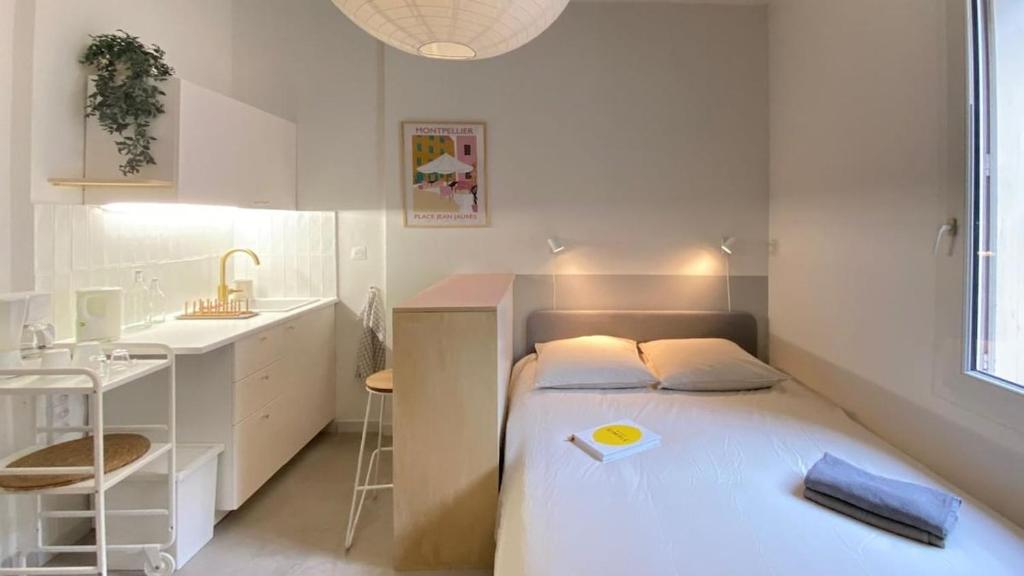 une petite chambre avec un lit et un lavabo dans l'établissement Le Petit Henri René, à Montpellier