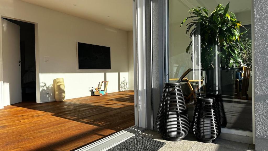 TV a/nebo společenská místnost v ubytování Modernes 3,5 Zimmer Apartment 100 m2 mit Alpenblick und 3 Terrassen