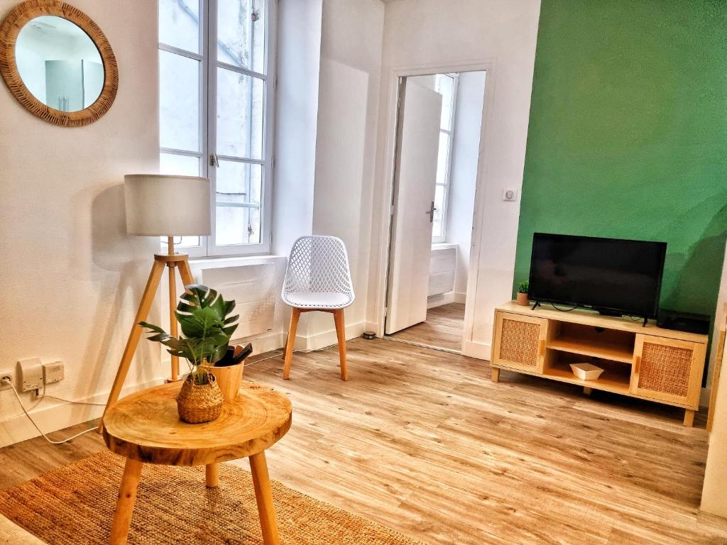 a living room with a television and a table at Appartement centre d'Orléans en bord de Loire in Orléans