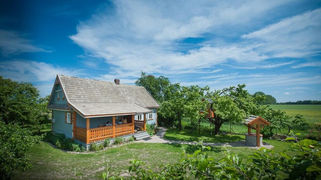 a small blue house with a porch in a field at beautiful cosy Country Cottage Heaven only for You in Nowy Berezów