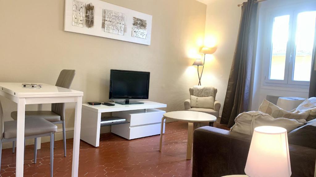 un salon avec un canapé et une télévision dans l'établissement ApartHotel Riviera - COCON BARILLERIE - Old Town - Promenade des Anglais, à Nice