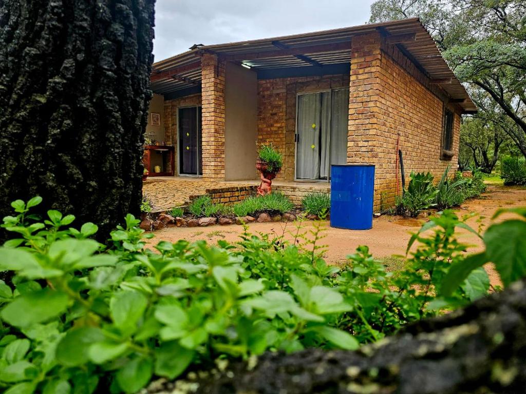 una casa de ladrillo con un cubo de basura azul delante de ella en De Adelaar Landgoed, en Cullinan