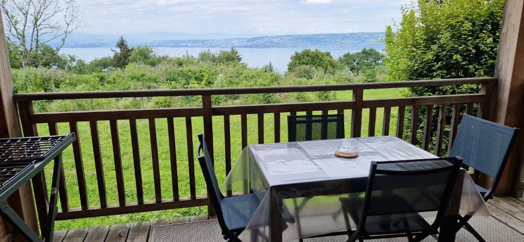 une table et des chaises sur un balcon avec vue sur l'eau dans l'établissement Résidence Garden city, vue lac, à Lugrin
