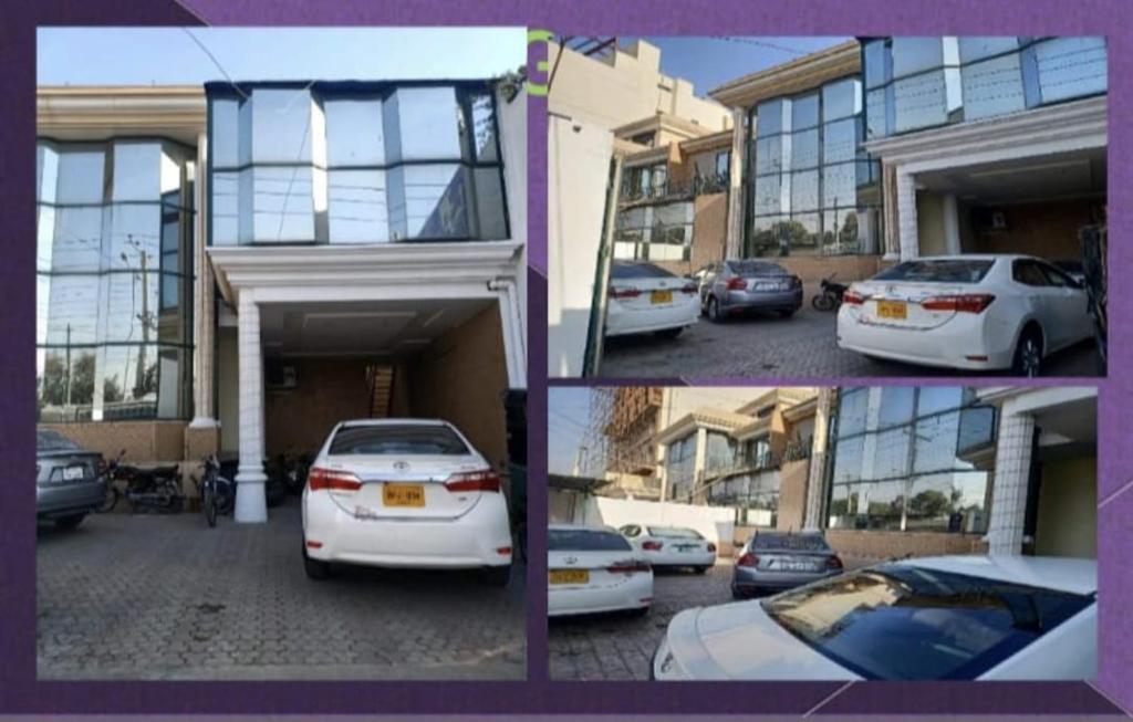 three pictures of cars parked in front of a building at Hotel Pak Continental Multan in Multan