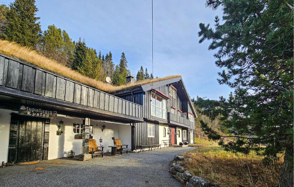 a building with a grass roof with a table and chairs at 4 Bedroom Beautiful Home In Hemsedal in Hemsedal