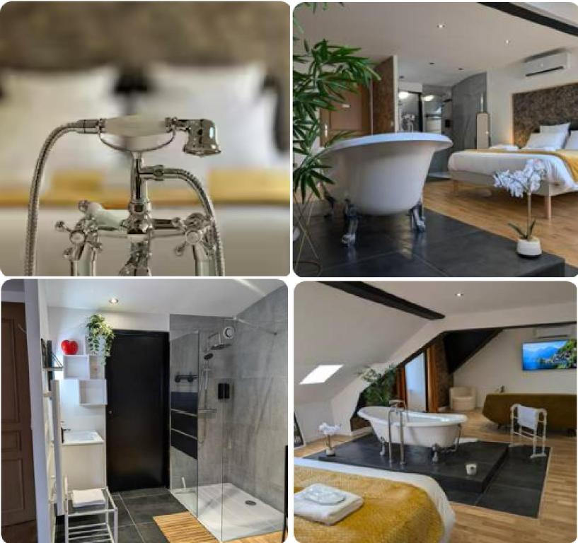 a collage of pictures of a bathroom and a bath tub at La Suite - Villa Valmy - Hypercentre - Gare SNCF in Montluçon