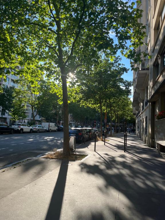 un arbre sur un trottoir à côté d'une rue dans l'établissement Small Cosy Studio in Paris, à Paris